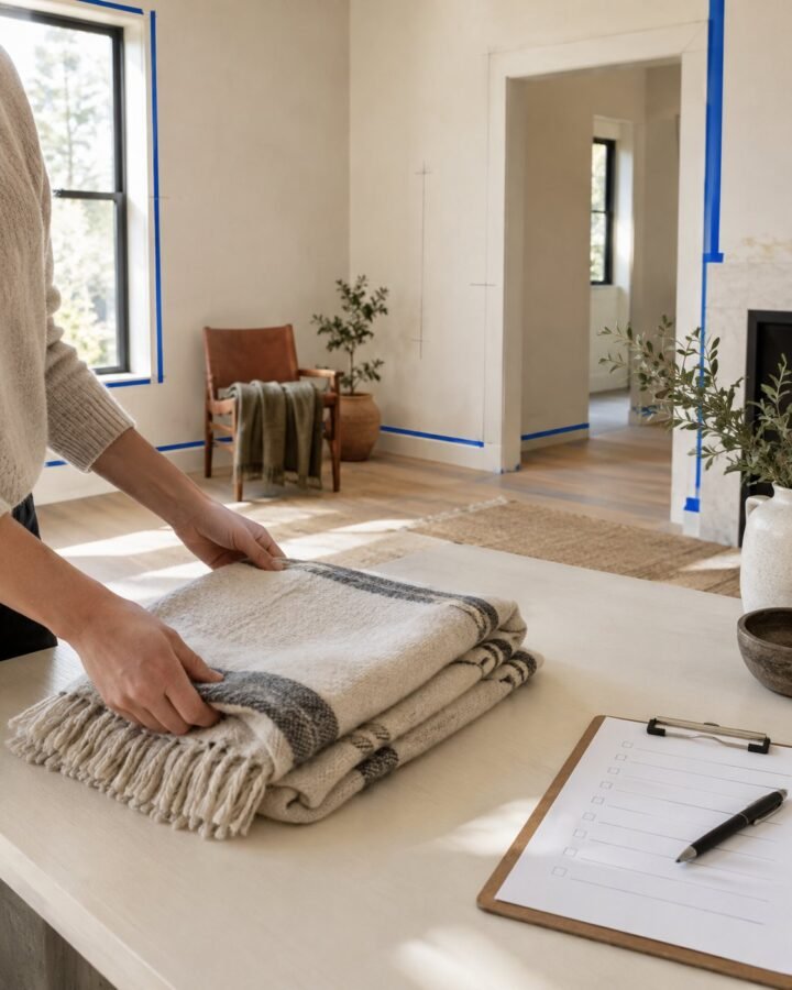Hands folding a throw blanket neatly on a pale table beside a checklist clipboard (no legible text), minimal
