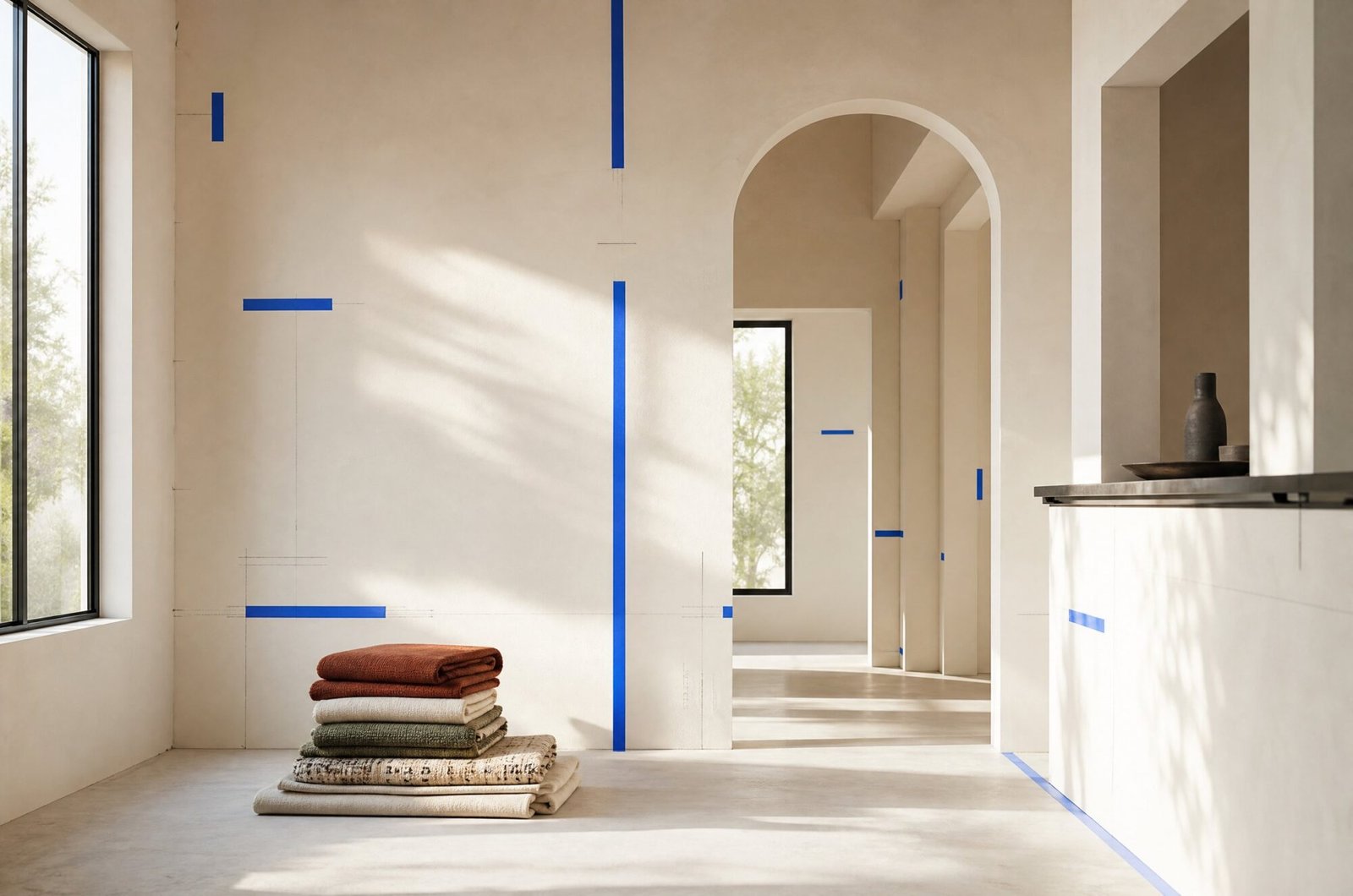 An empty new home interior on handover day, sunlit plaster walls