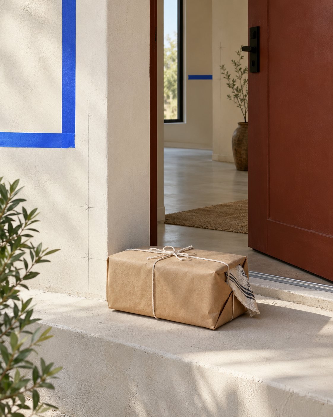 Plain unbranded kraft paper parcel tied with cotton string on a plaster doorstep of a new home