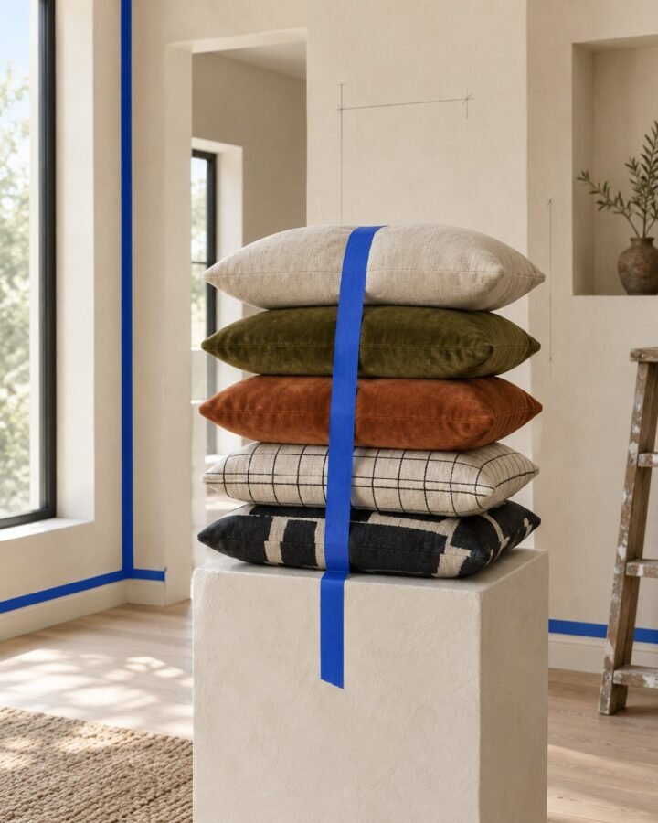 Stack of five cushion covers in oat, moss velvet-look, rust velvet-look, grid print and ink block, on a plaster plinth