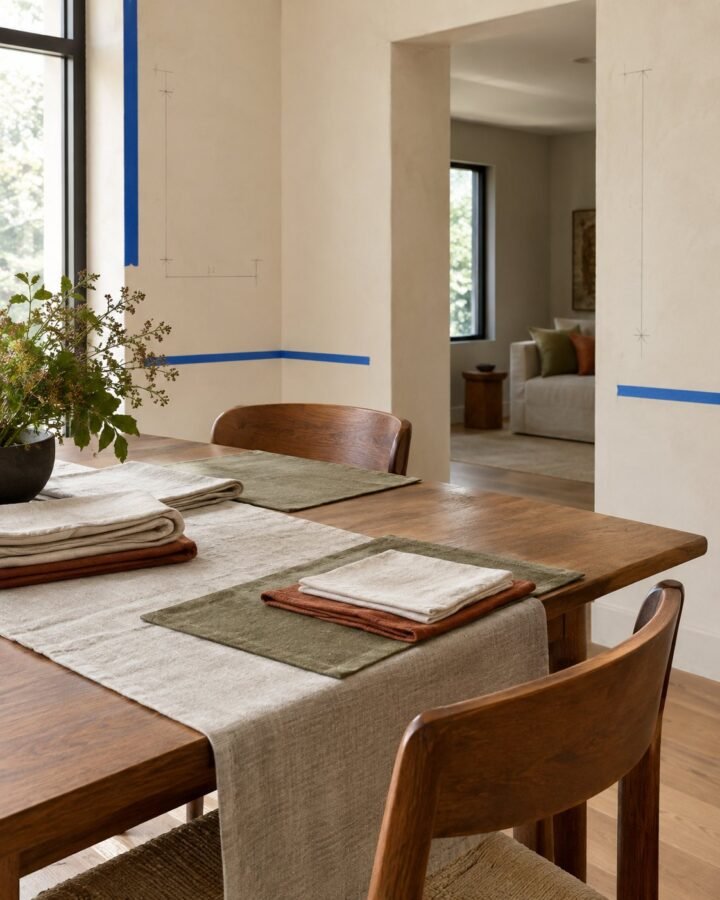 Folded tablecloths, a table runner and placemats layered on a wooden table corner in a new dining room