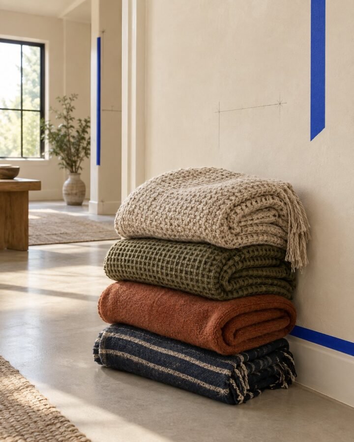 Folded throws and blankets stacked against a plaster wall: oatmeal knit, moss waffle, clay fleece and ink stripe