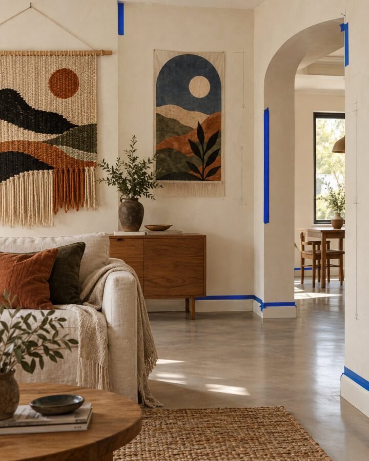 Woven wall hanging on a wooden rod and a printed arch tapestry on a fresh plaster wall