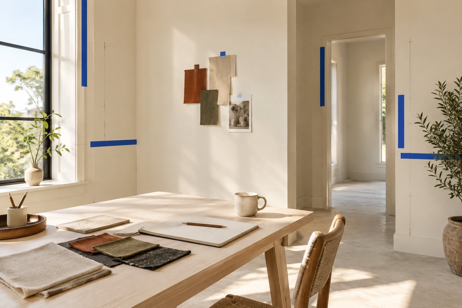 A simple pale desk by a window with fabric swatches, a notebook and a cup, calm workspace, no screens