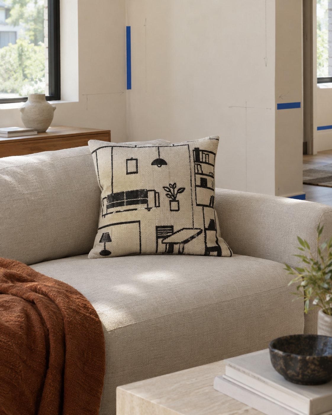 Floor Plan Jacquard Cushion Cover — shown in use