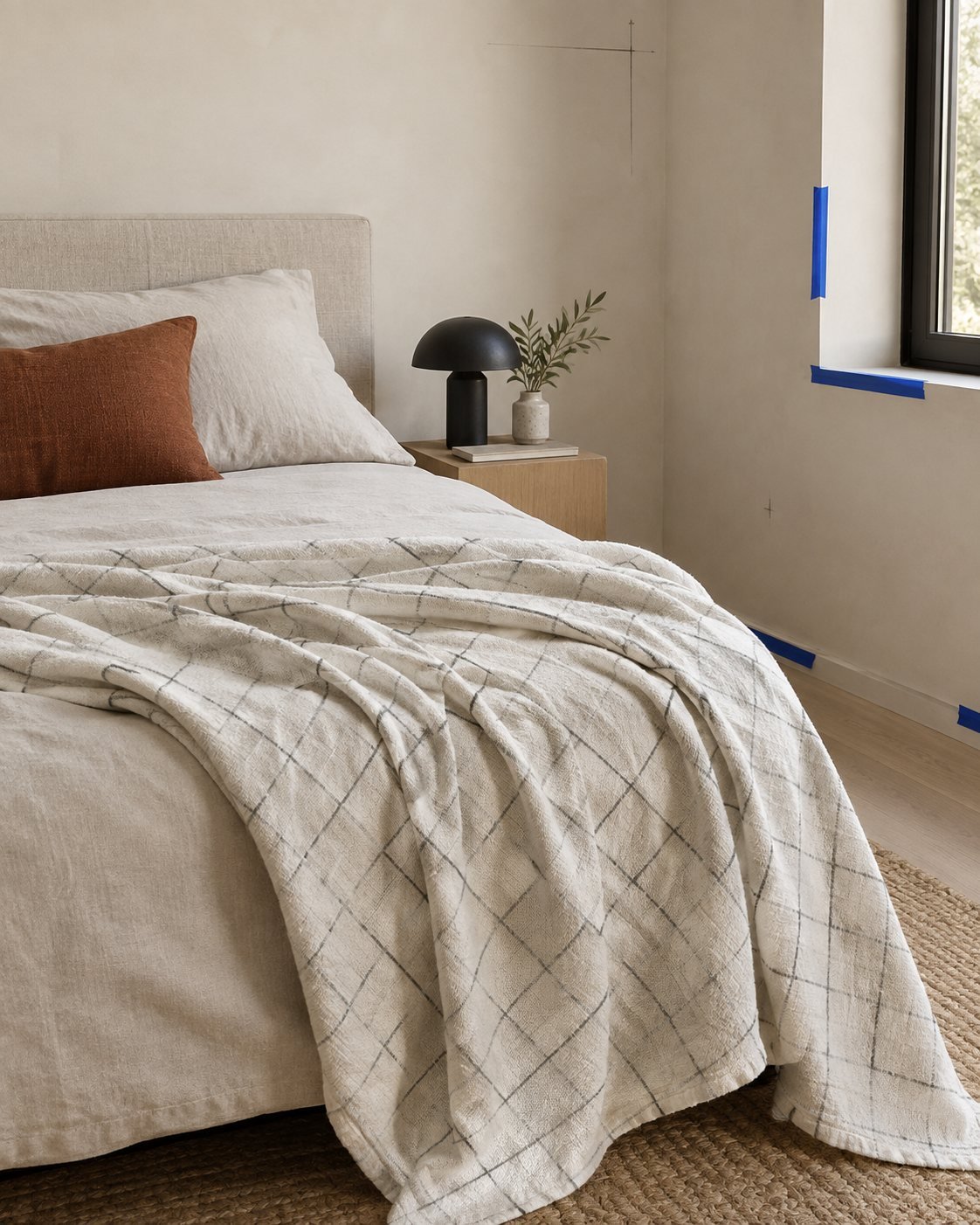 Grid Line Cotton-Blend Blanket — shown in use
