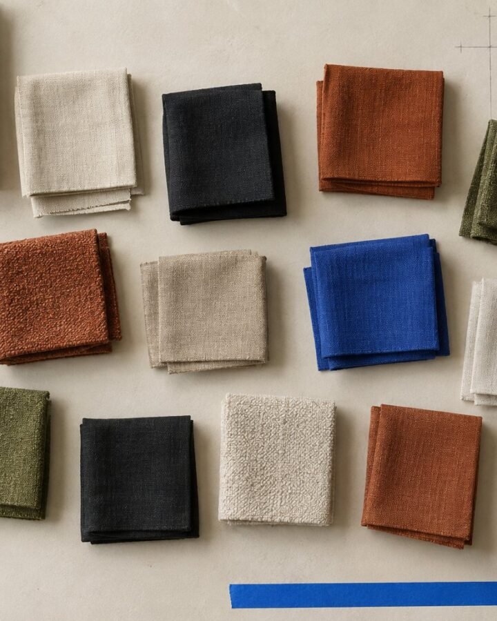 Rows of small folded fabric swatches in plaster, ink, rust, moss, oat and cobalt on a pale table