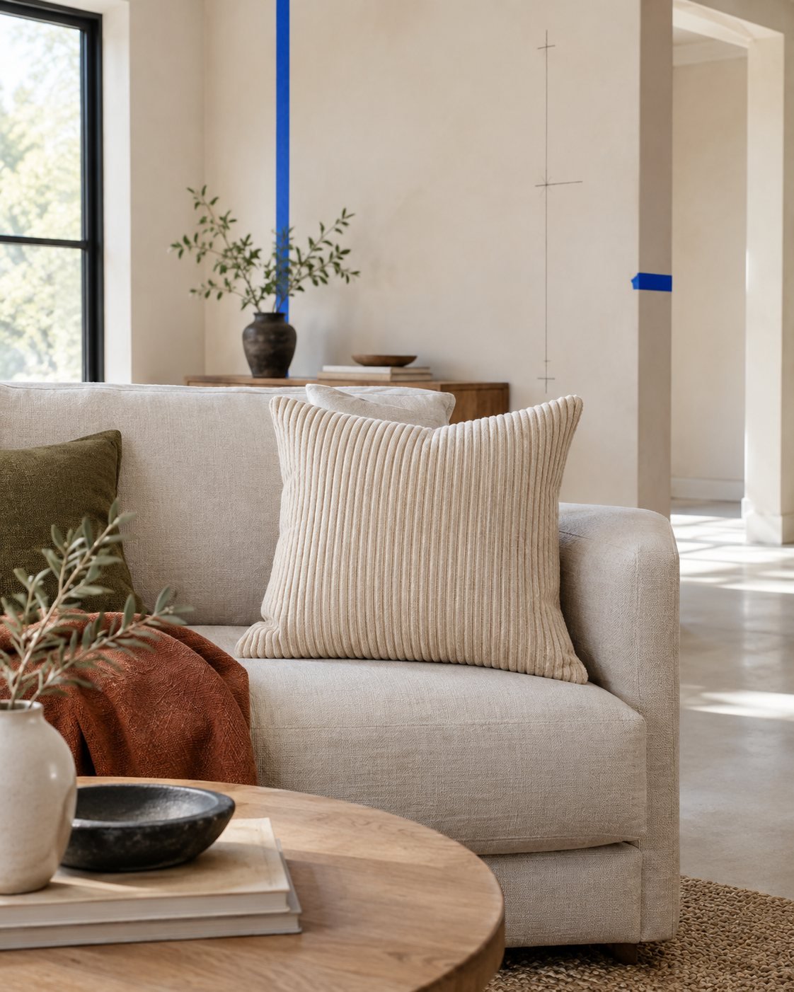 Plaster Rib Cushion Cover — shown in use
