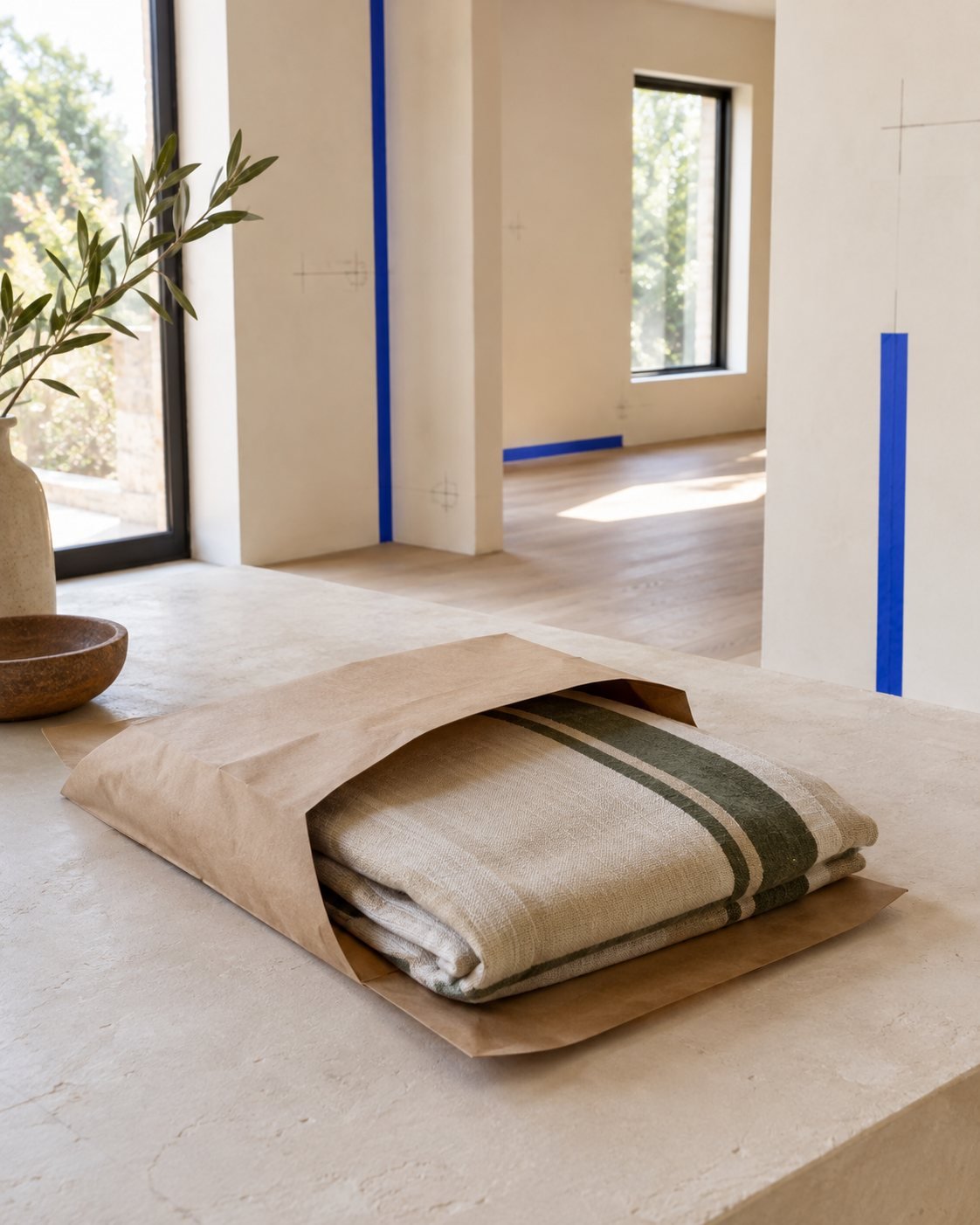 A cushion cover folded back into plain kraft packaging on a plaster surface, calm and tidy