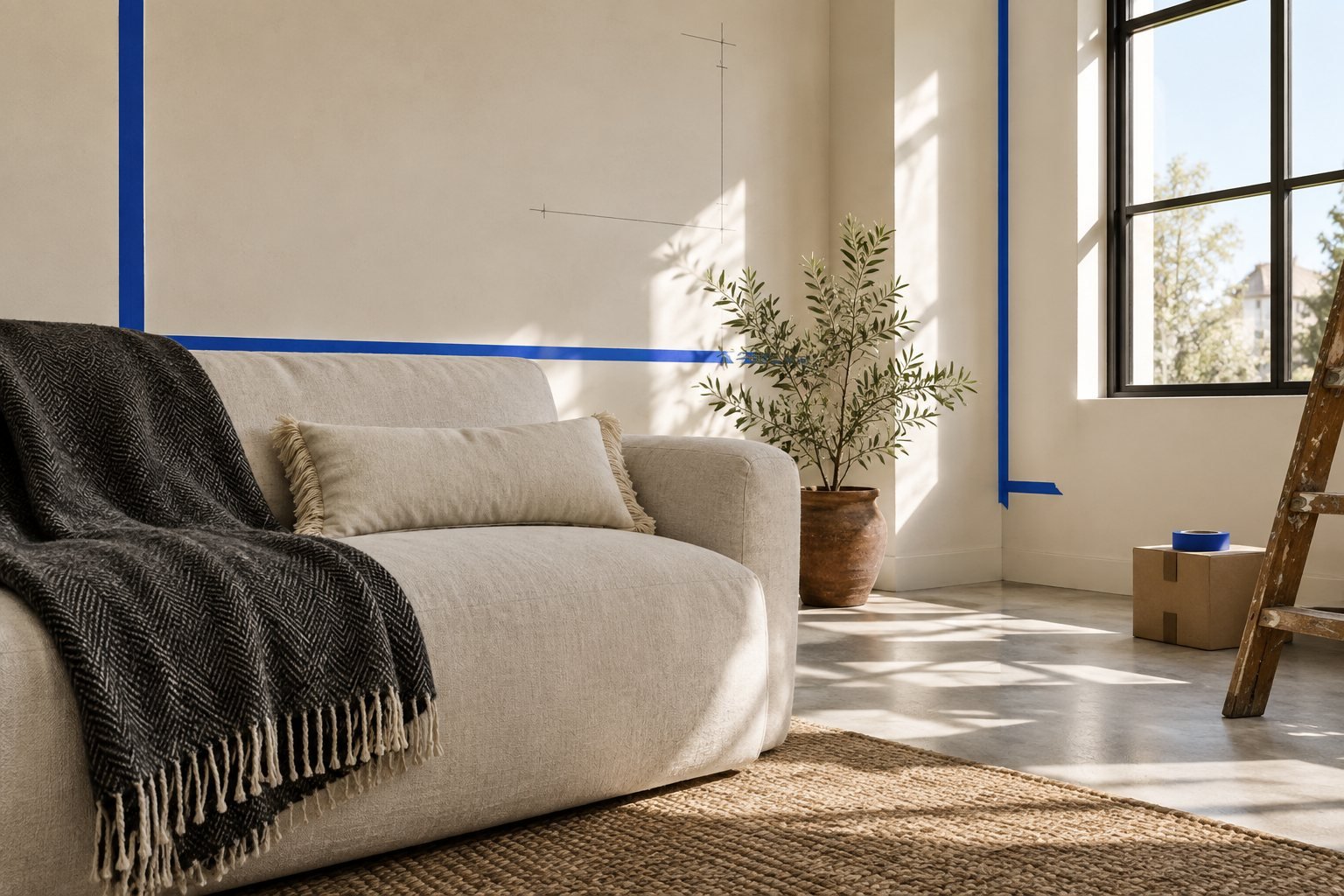 Sofa mit einem anthrazitfarbenen Fischgrät-Plaid und einem kreideweißen rechteckigen Kissen mit Fransen