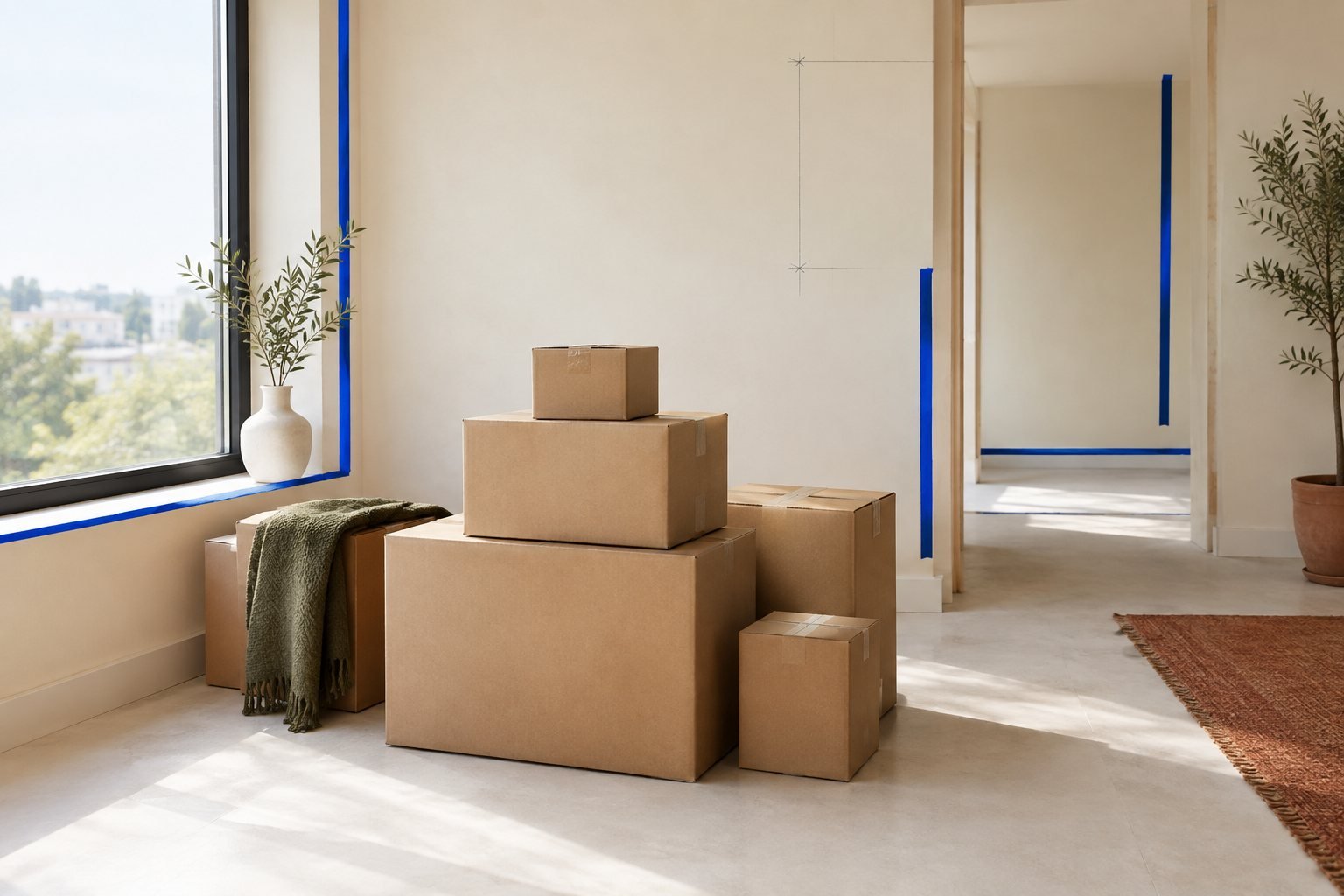 Stack of plain unbranded kraft parcels of different sizes on a pale floor near a window, clean and minimal