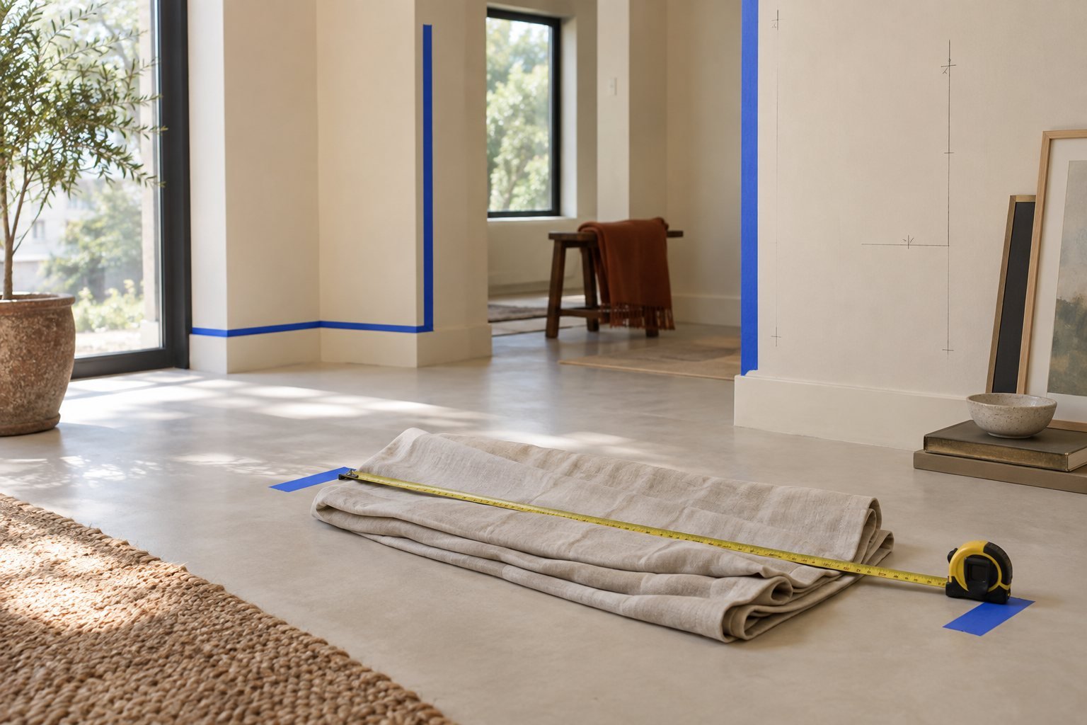 A tape measure unrolled across a folded curtain panel on a pale floor