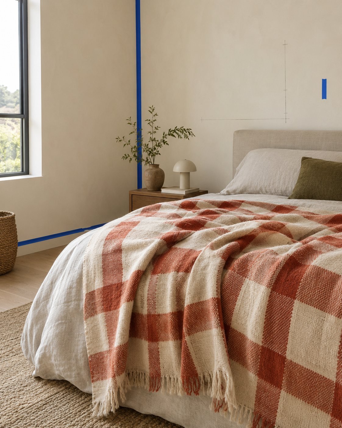 Vermilion Check Throw — shown in use