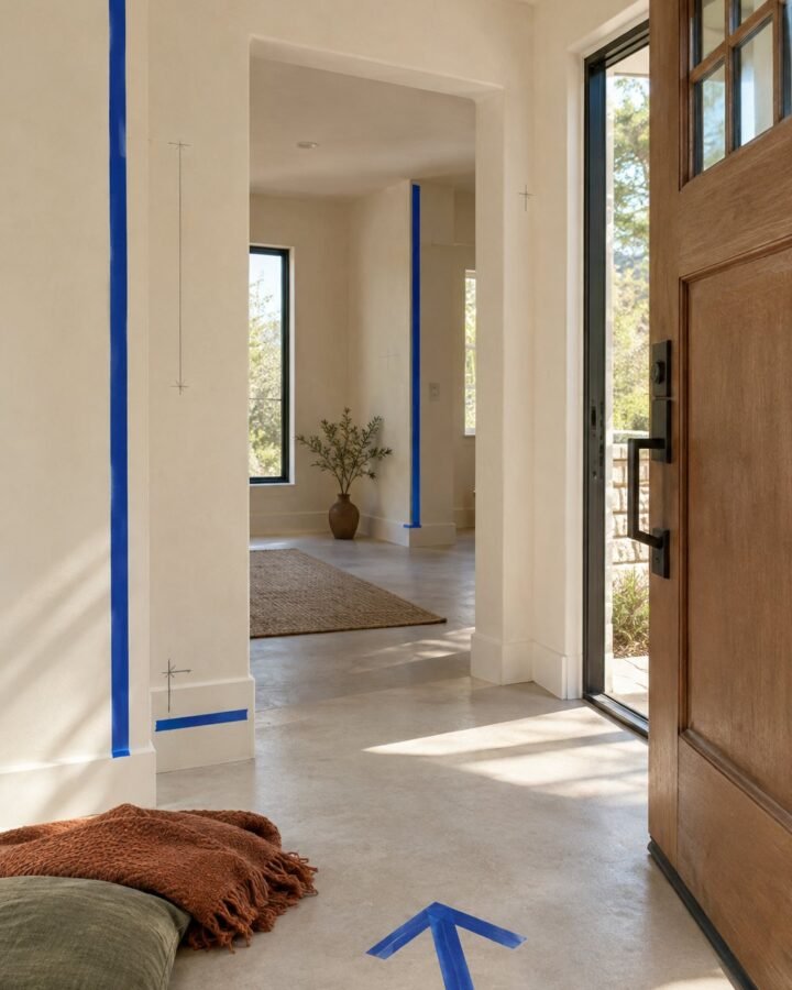 Front door of a new home standing open, sunlit empty entry hall, a folded throw and a cushion cover waiting on the floor