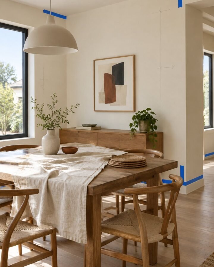 Dining room seen from the corner, tablecloth half unfolded on the table, placemats stacked