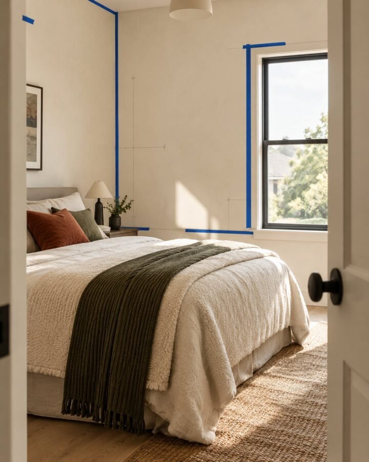Bedroom seen from the door, fleece blanket and rib knit throw layered on the bed
