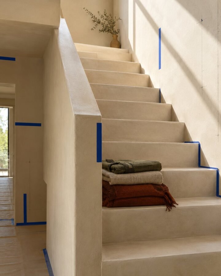 Plaster staircase of a new home with a stack of folded textiles on a step, sunlight from above